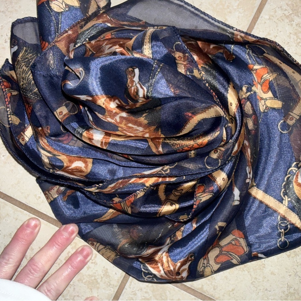 Vintage Equestrian Horse & Tassel Print Silk-Feel Scarf - Picture 2 of 7
